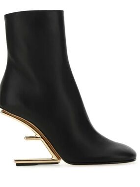 Fendi First/type Leather Ankle Boot with Sculpted Gold Heel.